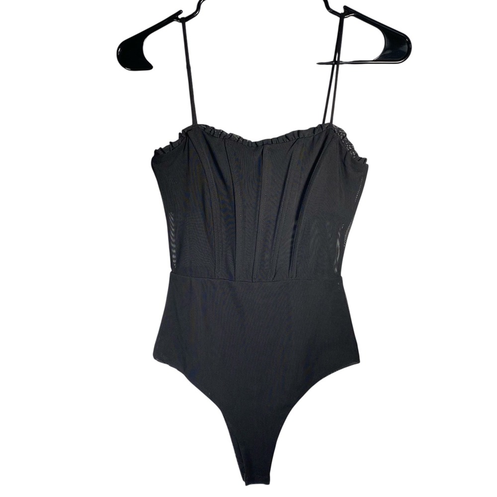 Princess Polly Black Bodysuit Mesh Bustier Ruffle Trim Sleeveless Party Top‎
